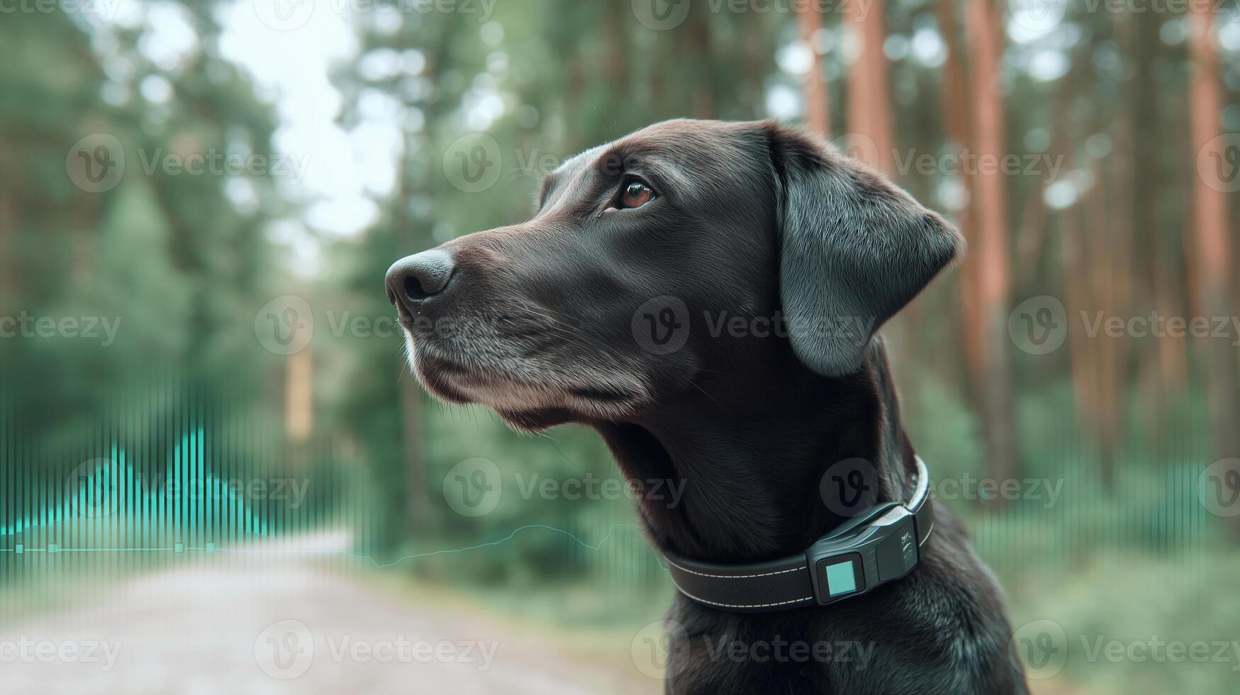 Black dog in forest wearing a modern AI-powered smart collar with health and activity tracking. Futuristic wearable technology for pets and dogs' wellbeing monitoring. photo