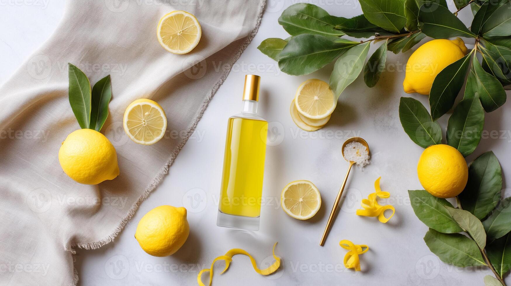 Elegant flatlay of limoncello bottle surrounded by fresh lemons, zest, and leaves on a marble surface, evoking freshness, summer, and Italian flavor. photo