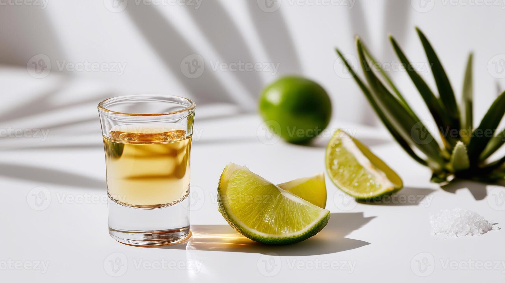 Minimalist tequila shot with lime wedges, sea salt, and agave on a white background. Bright, tropical, and refreshing composition for drink and cocktail themes. photo