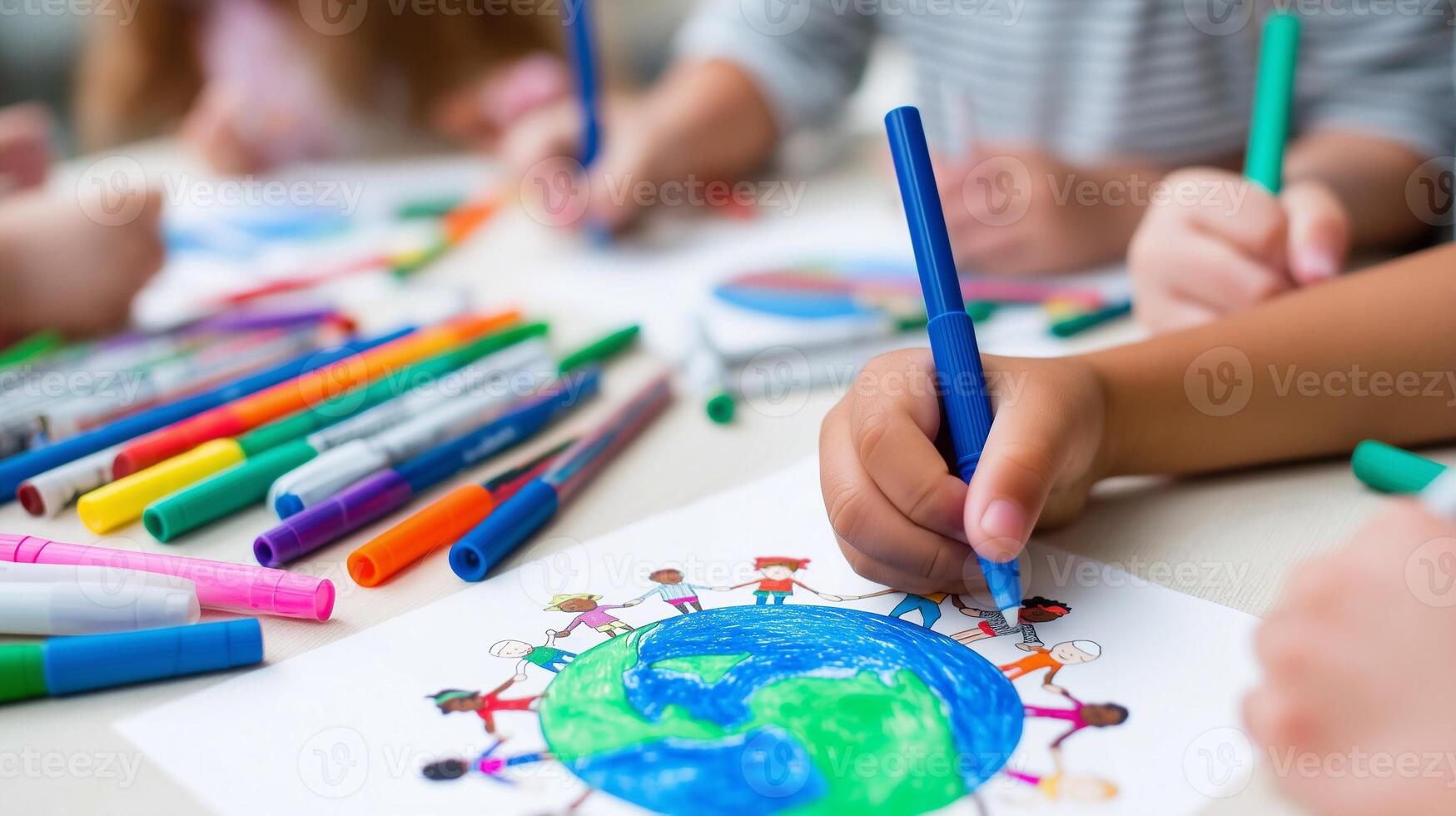 Children draw Earth and diverse people holding hands, symbolizing unity, peace, and environmental awareness in celebration of Earth Day through creativity and education. photo