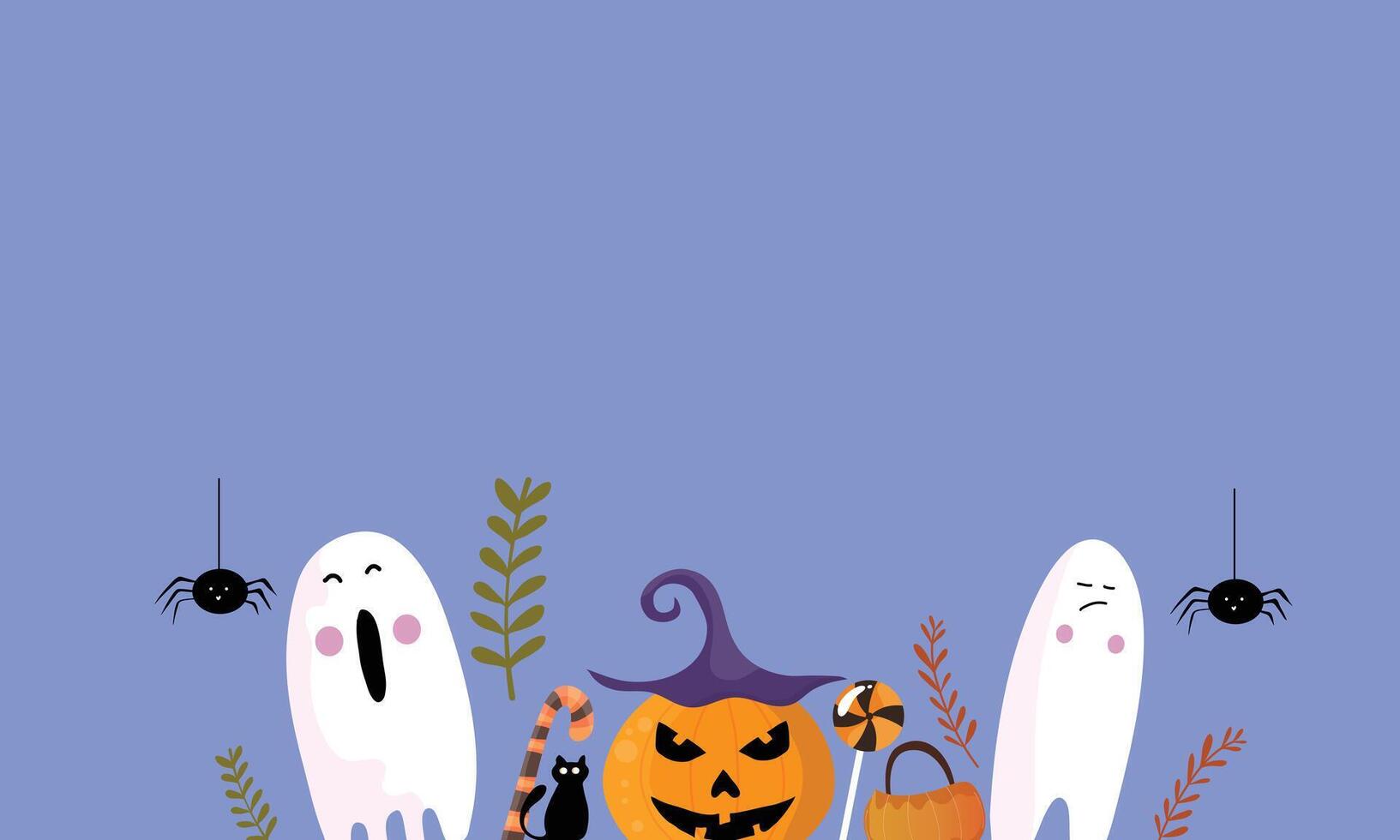 Cute Halloween Ghosts and Pumpkins with Spiders on Purple Background vector