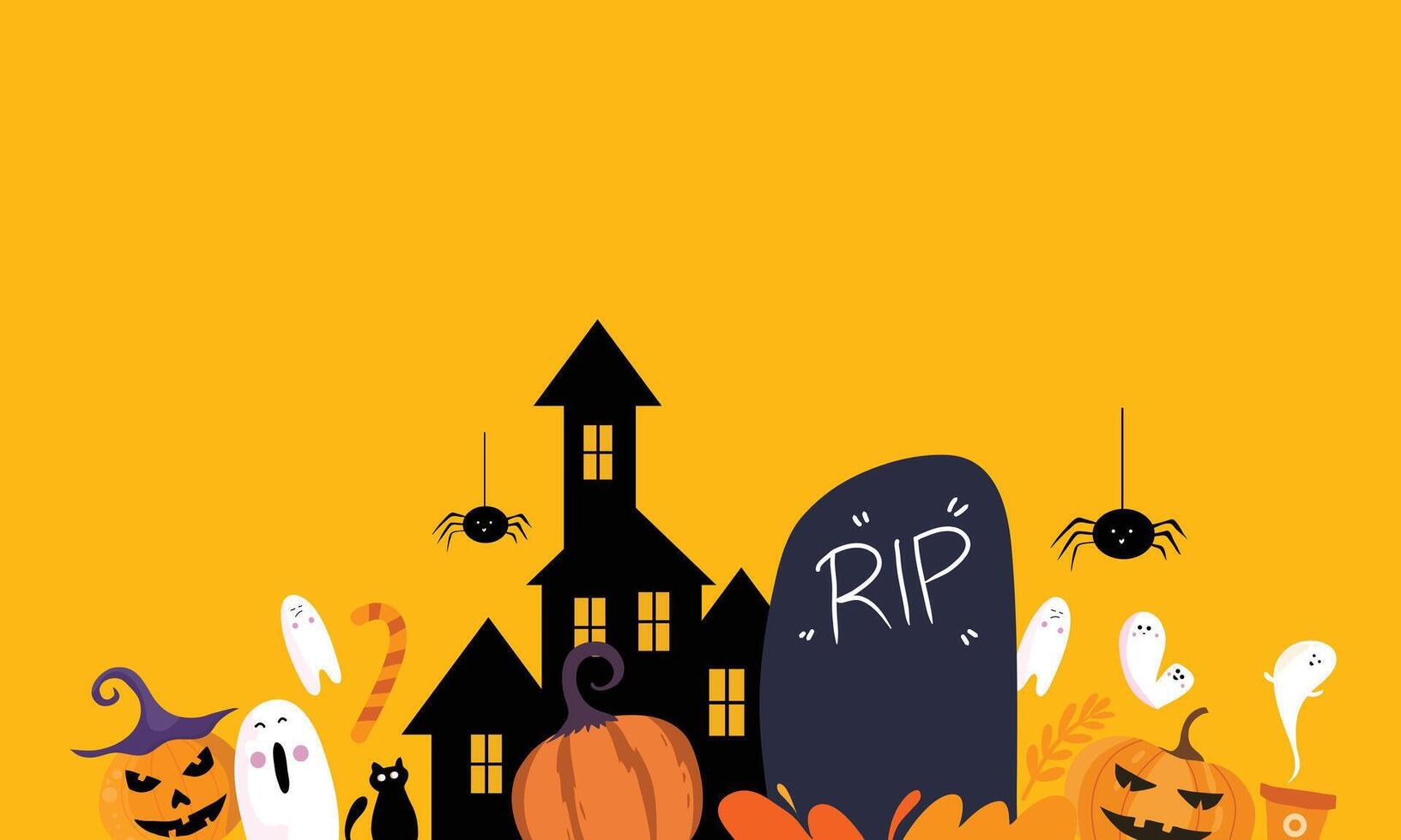 Spooky Haunted House with Pumpkins and Ghosts on Halloween Night vector