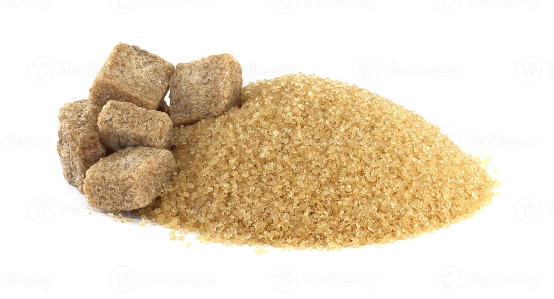 Delightful composition of brown sugar and sugar cubes arranged on a white background photo