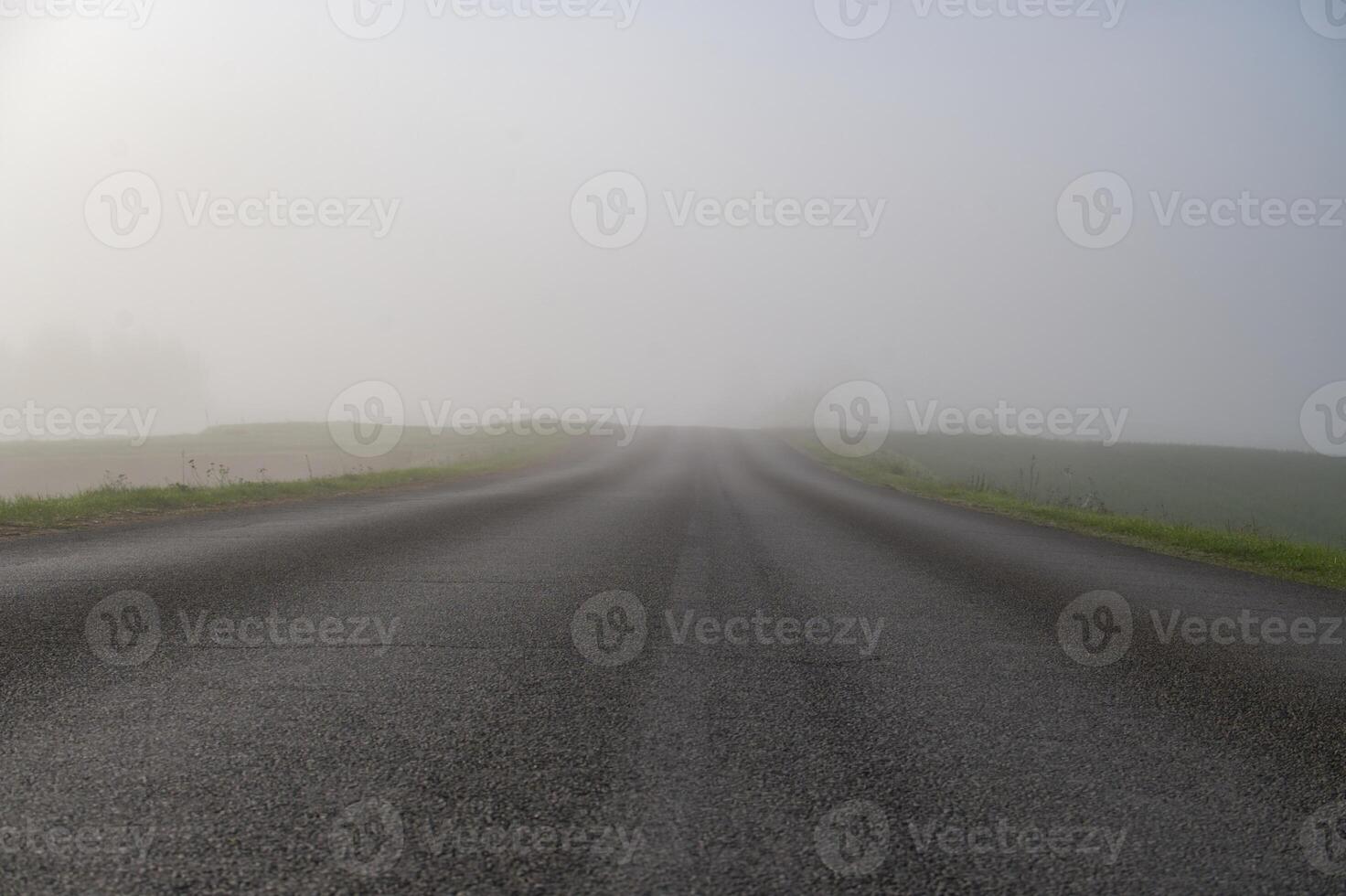 Misty road stretches into the distance, disappearing into a thick layer of atmospheric fog. photo