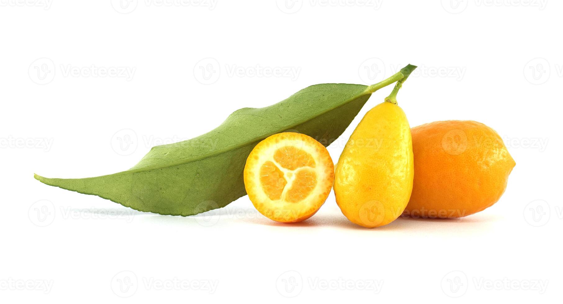 Fresh kumquats with leaf and a half kumquat showing the pulp photo
