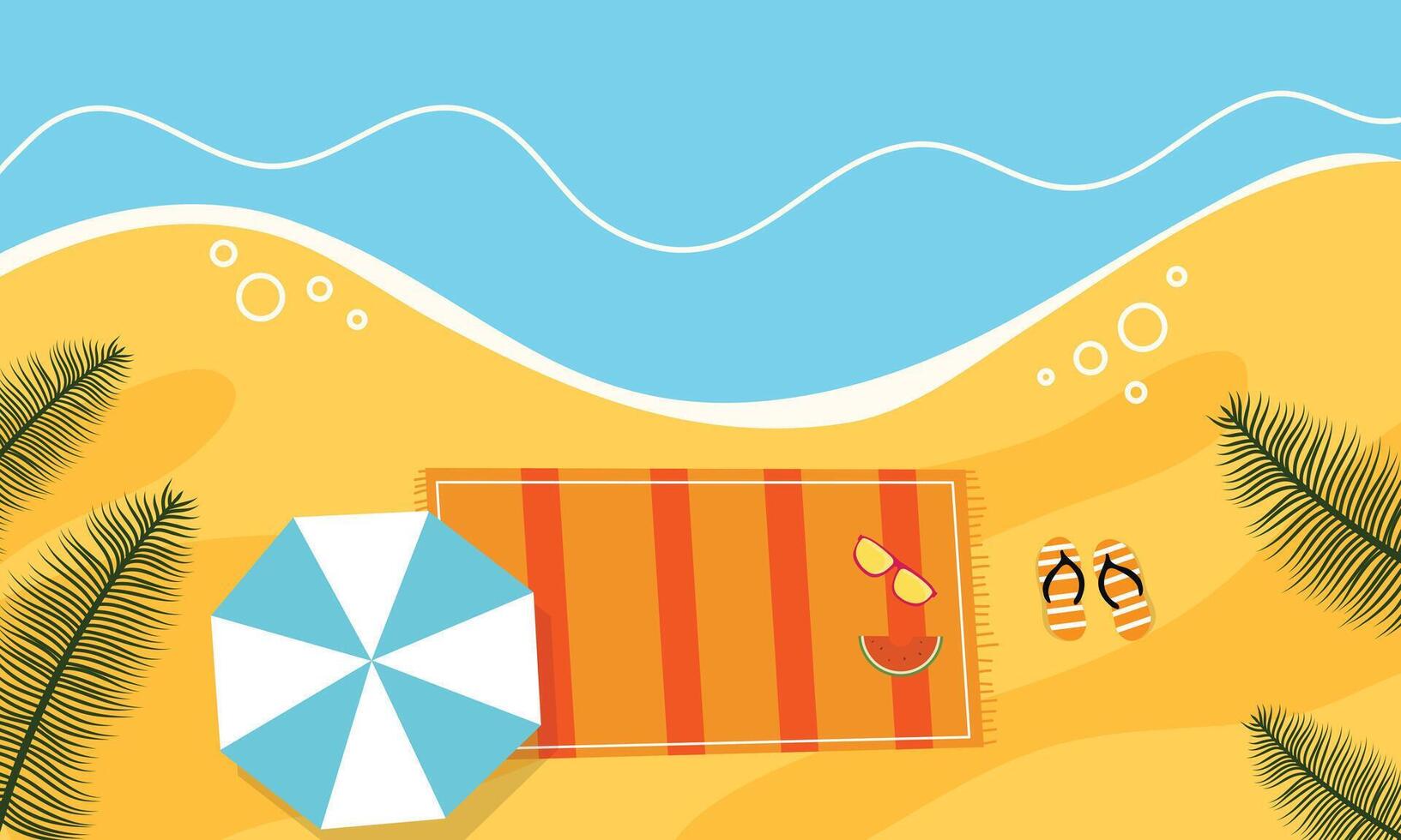 Beach towel, umbrella and sandals on the beach vector