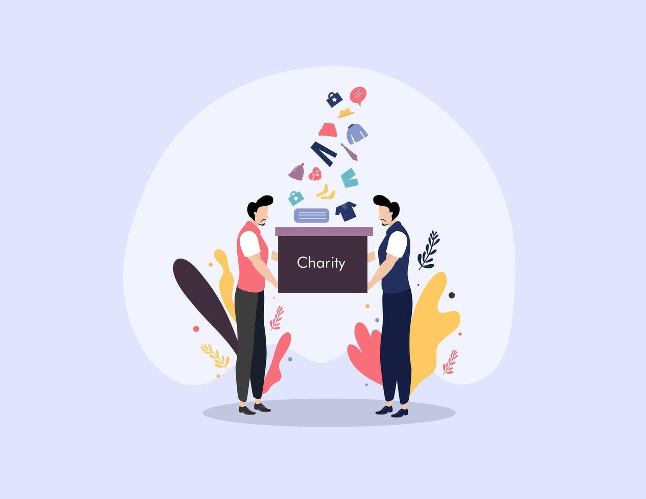 People Dropping Essentials into Charity Donation Box vector