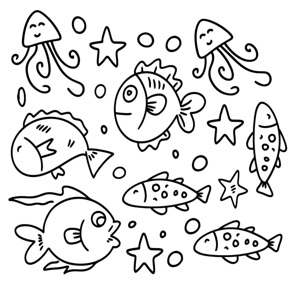 Ocean Life Elements Line Drawing Set vector
