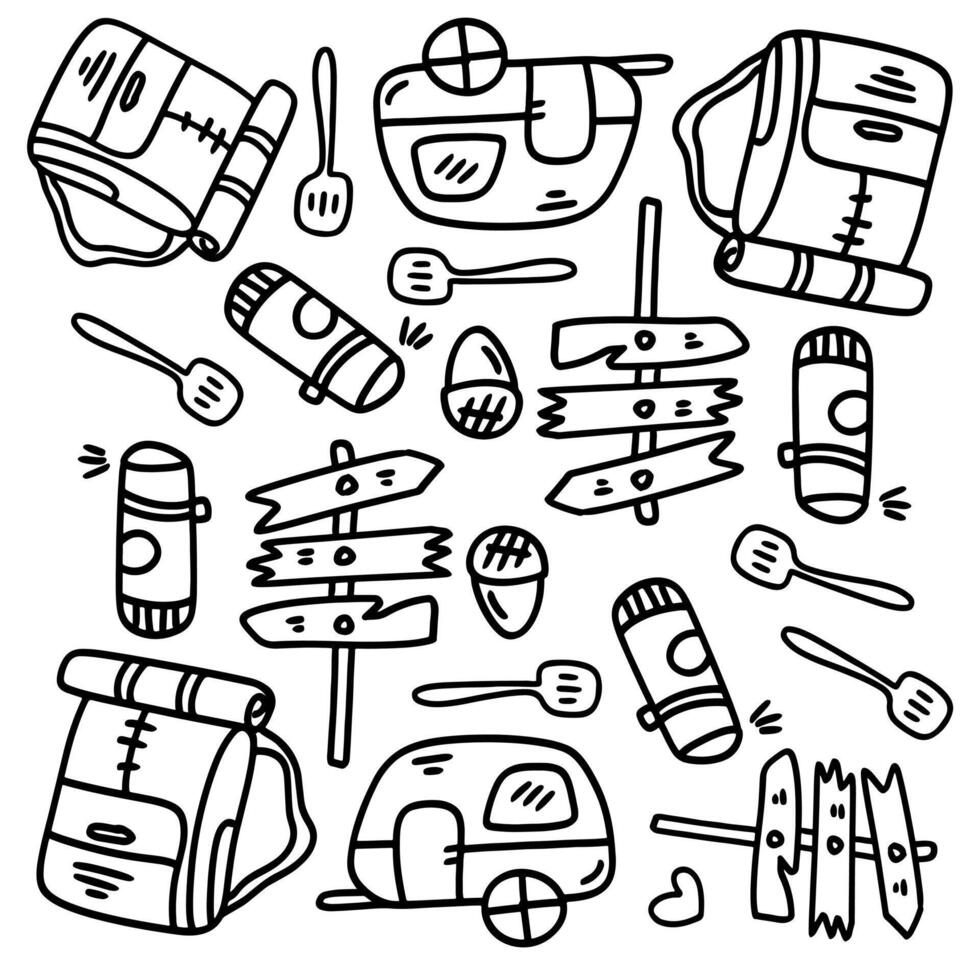 Camping Equipment Doodles with Backpacks and Food vector