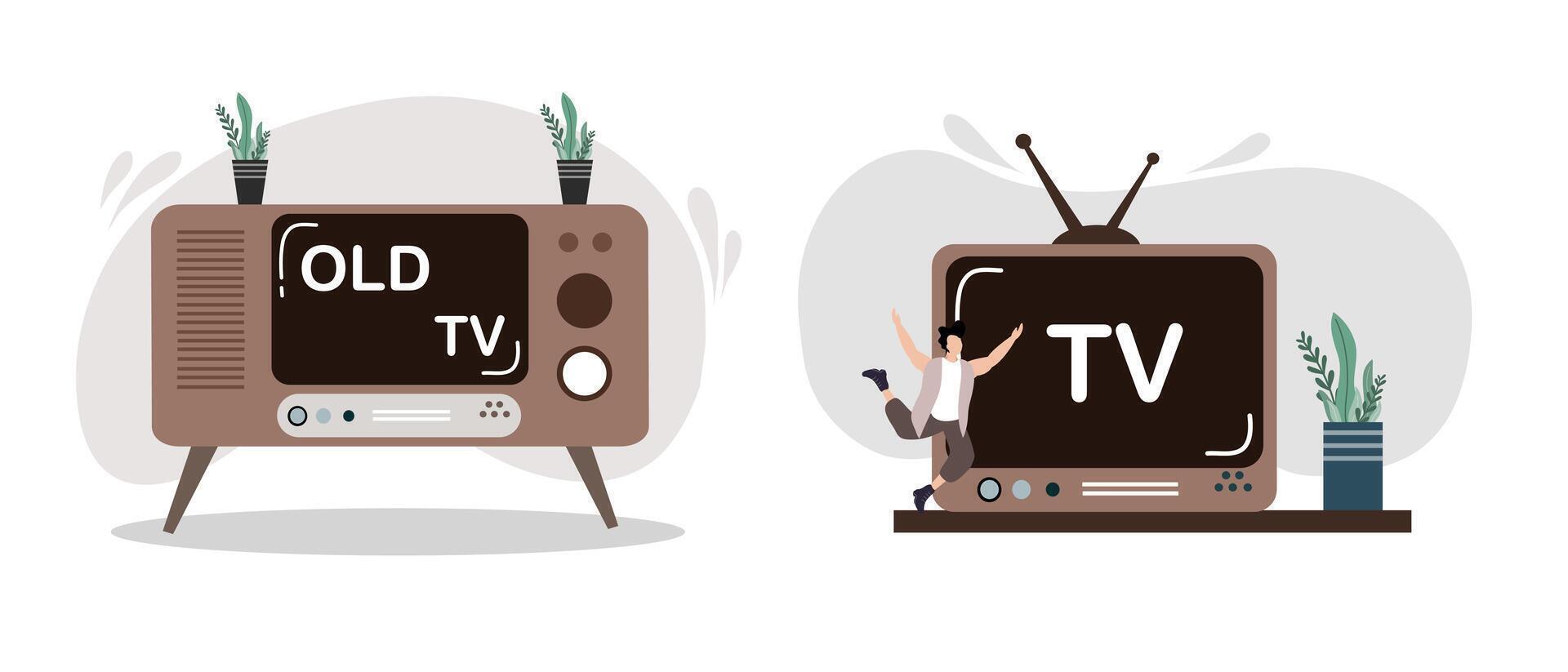 Vintage Television Set With Potted Plants and Shelf Decor vector