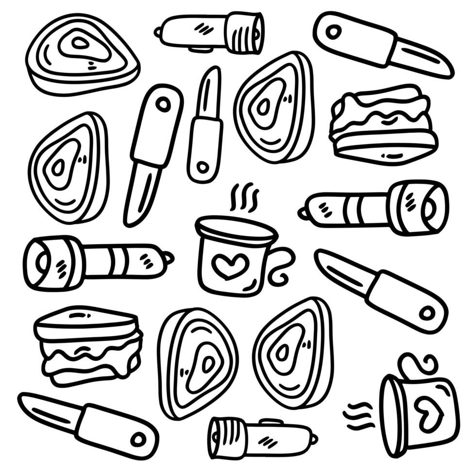 Camping Food Items Including Cans and Utensils Doodle vector