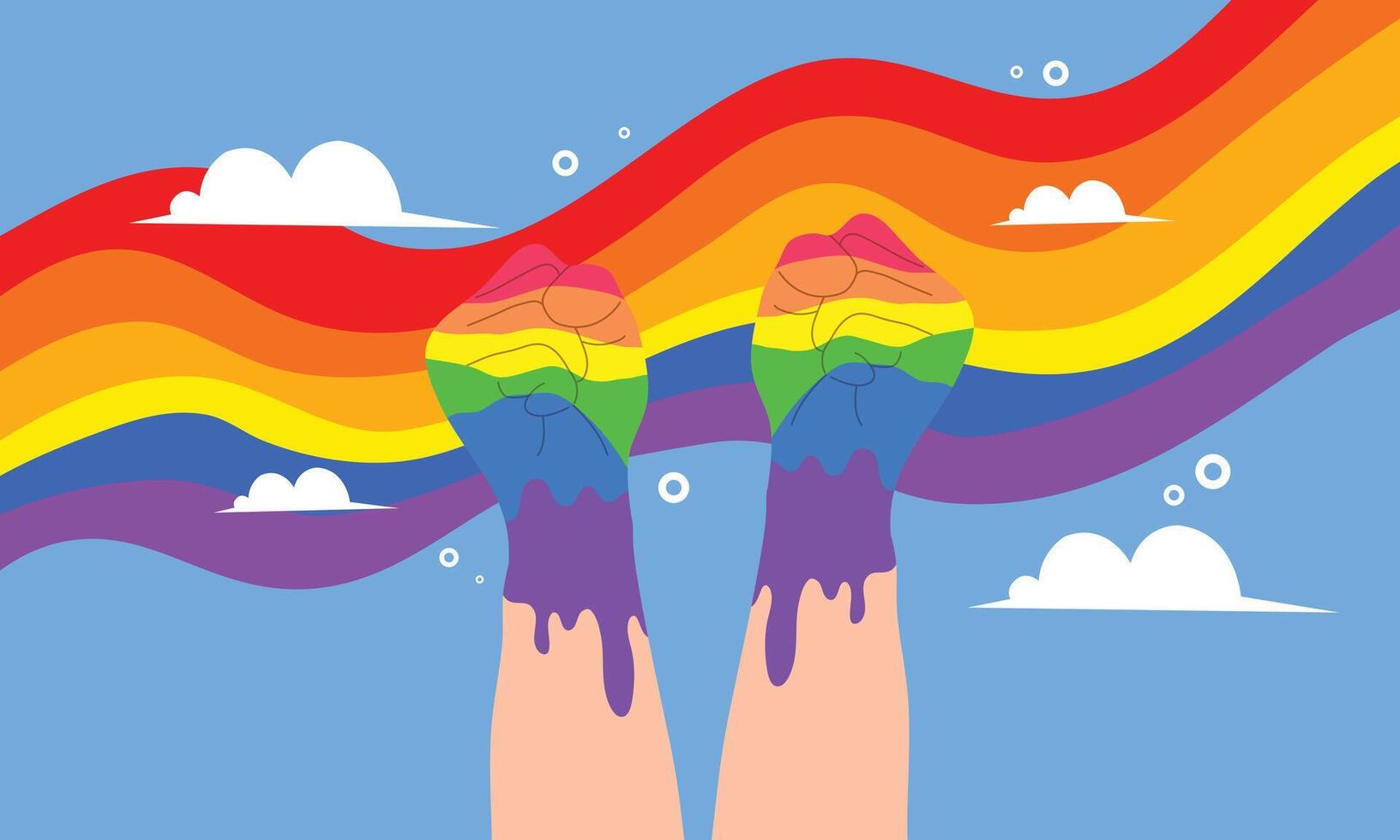 Two hands holding rainbow paint dripping with clouds vector