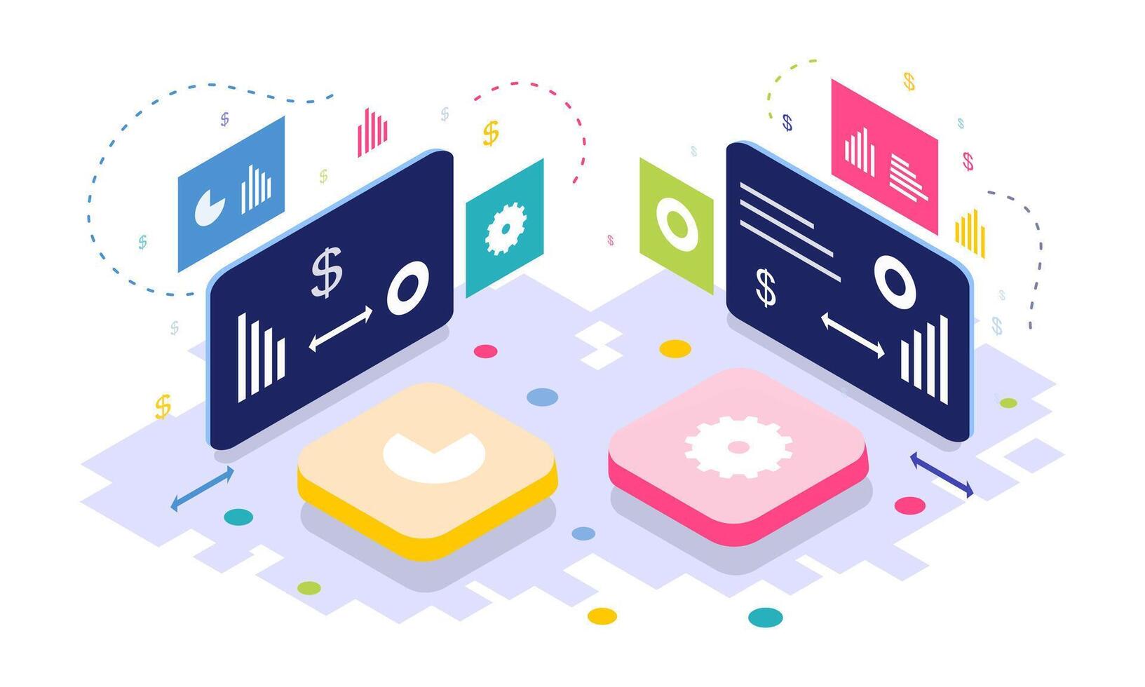 Isometric Business Scenes with Computers and Devices vector