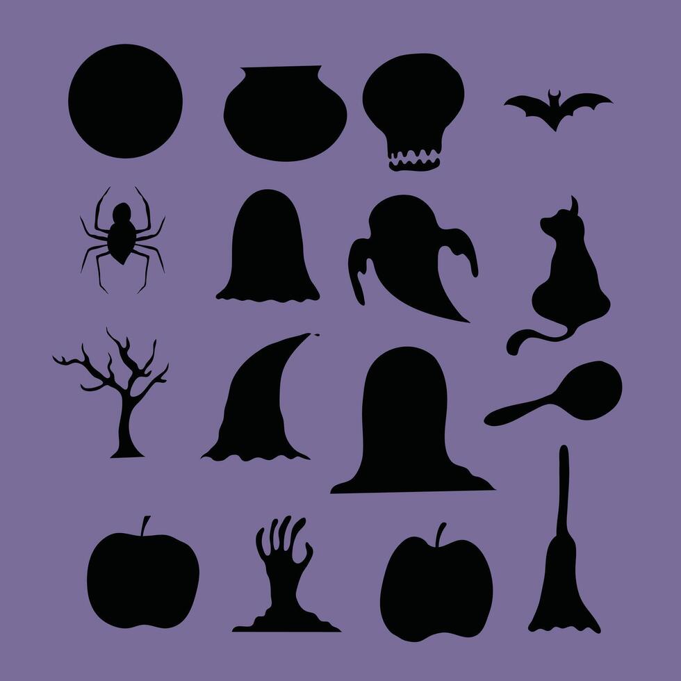 Purple Background with Black Halloween Object Silhouettes vector