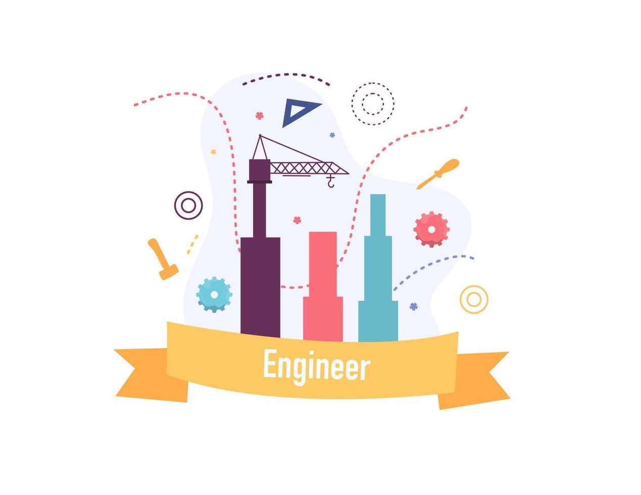 Engineer Banner with Skyscrapers and Cranes Behind vector