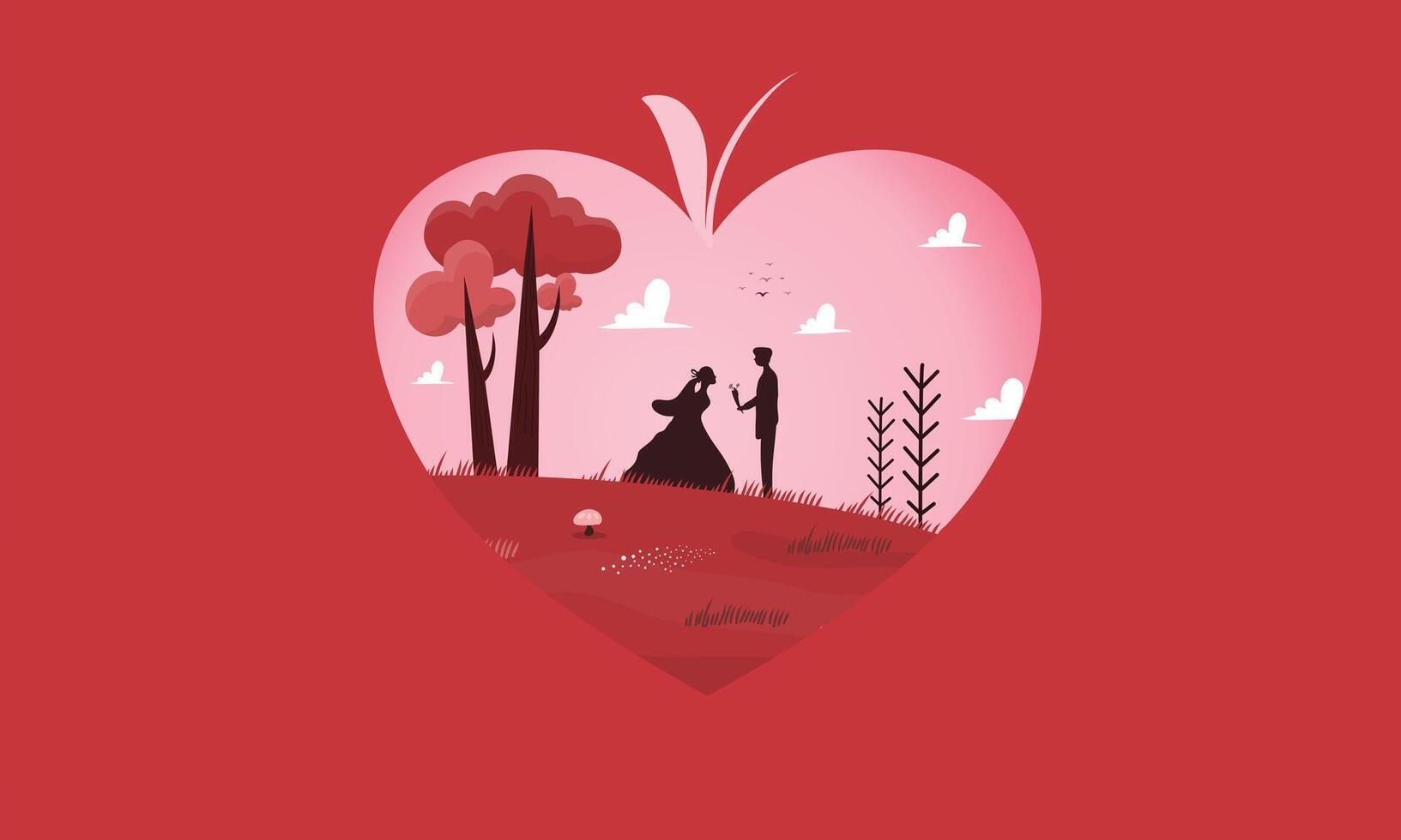 A heart shaped illustration of a couple in the woods vector
