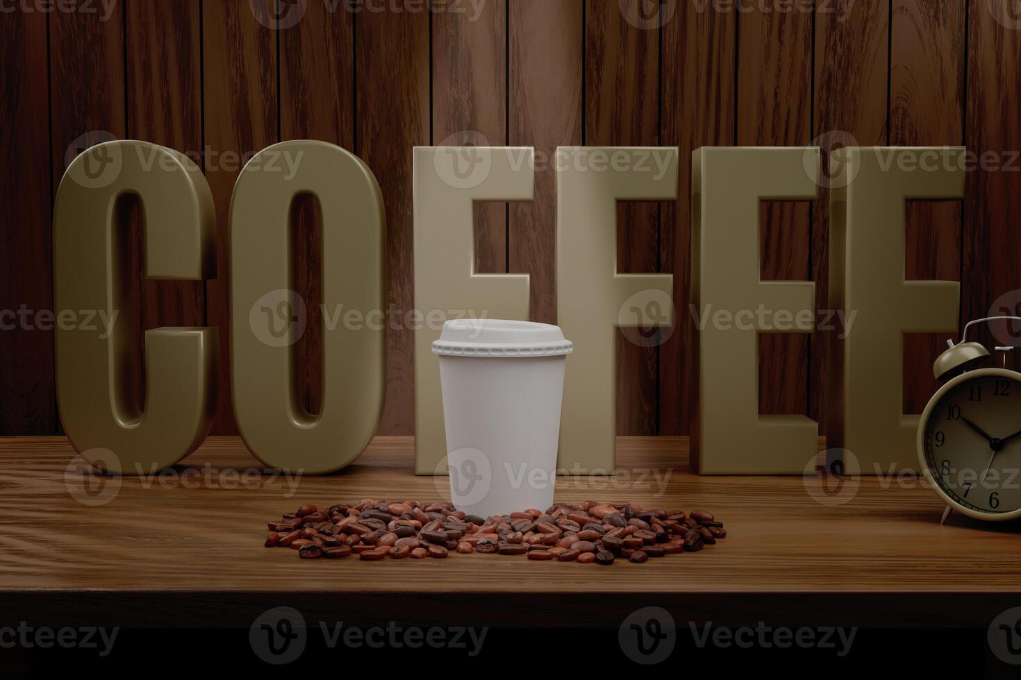mockup of a paper coffee cup standing on a wooden table and surrounded by coffee beans and a light shining on it from above photo