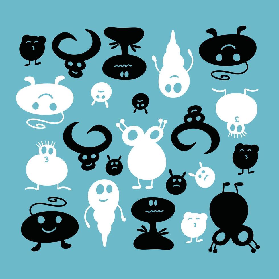 Different Funny Monsters on Blue Background Grid vector