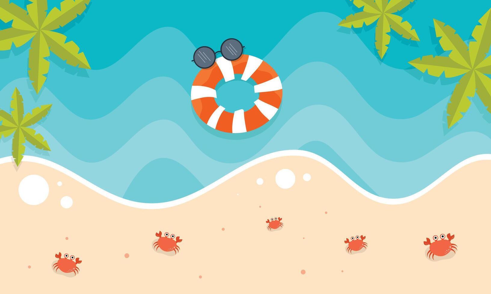 An illustration of a beach with a life preserver and crabs vector
