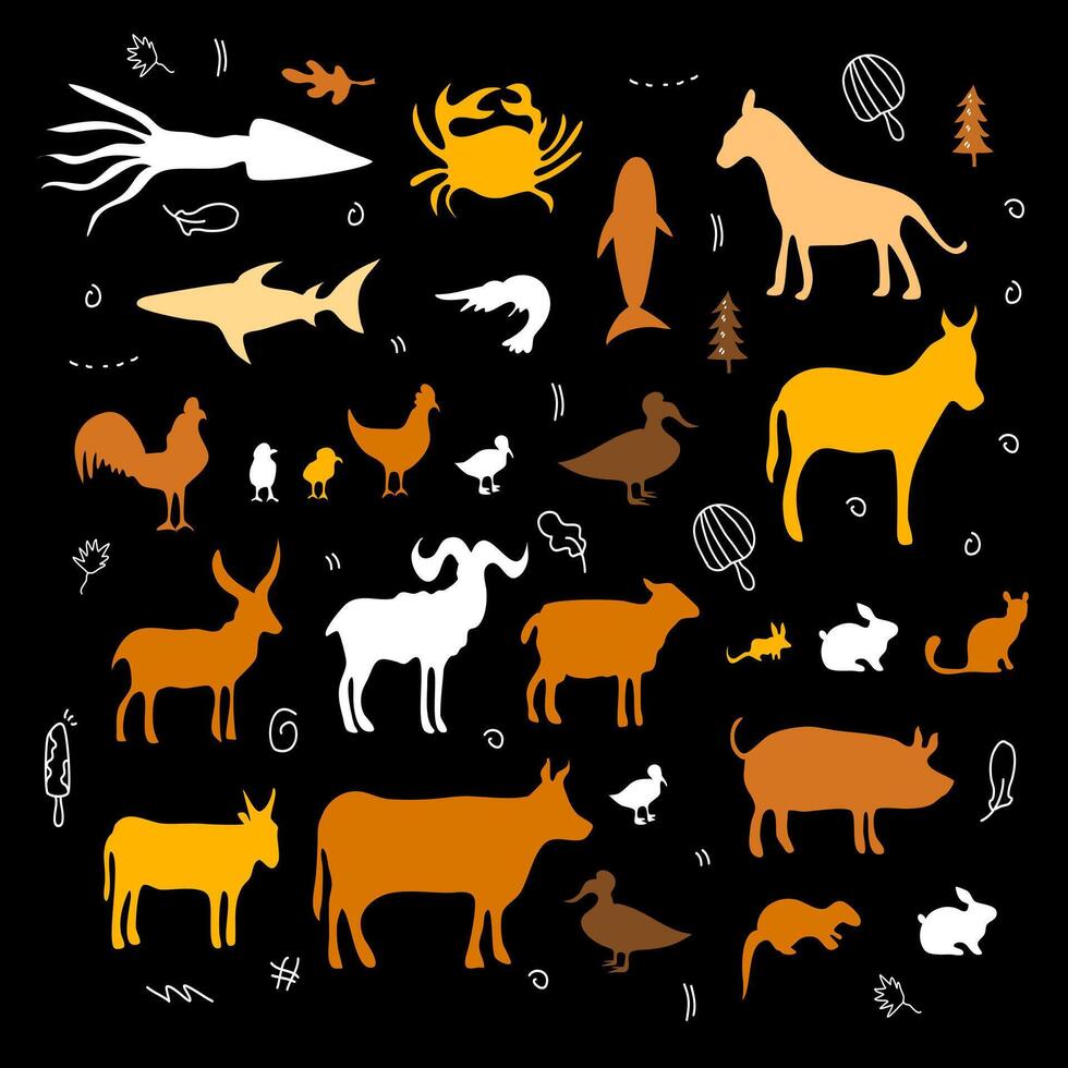 Farm and Wild Animal Silhouettes in Contrast Style vector