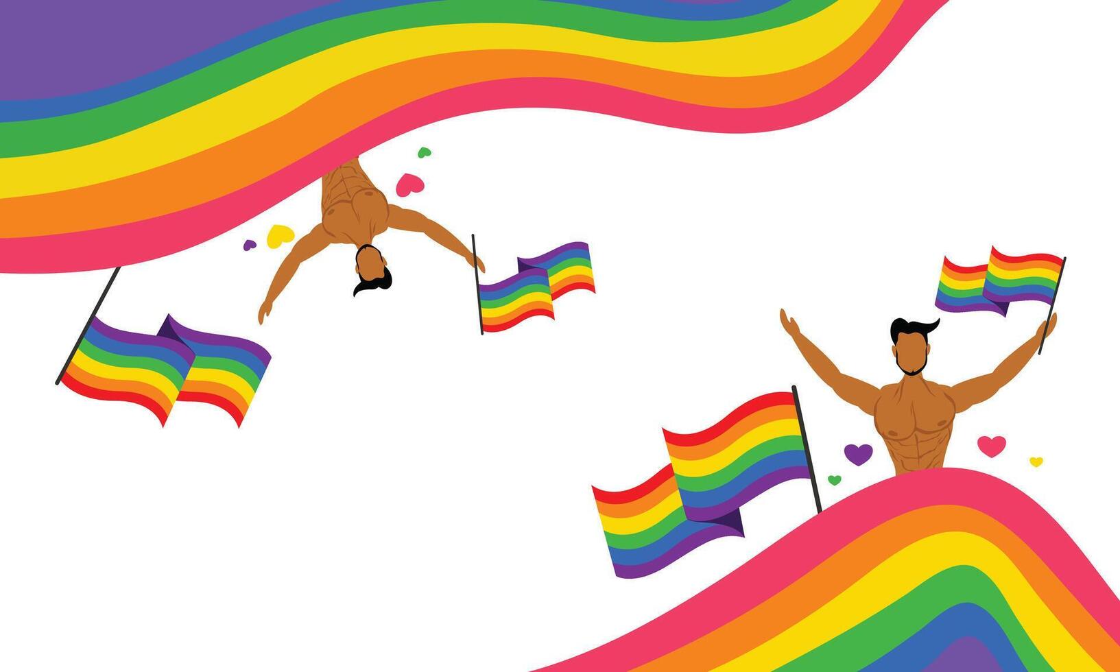 Two men holding rainbow flags in the air vector