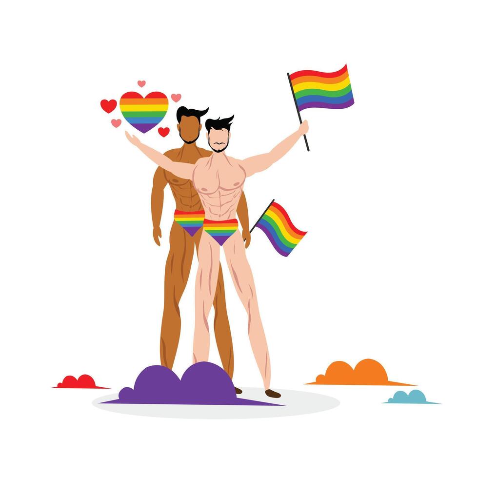 LGBTQ Couple Holding Rainbow Flags Celebrating Pride vector