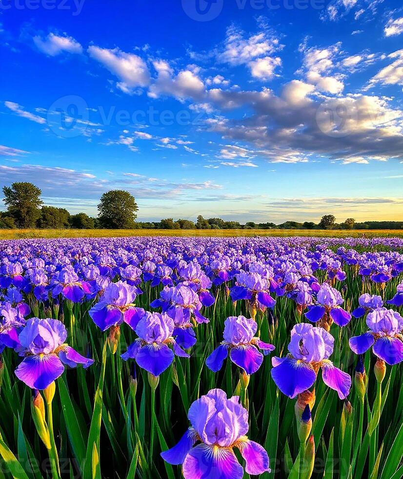 A field of purple irises in the sun photo