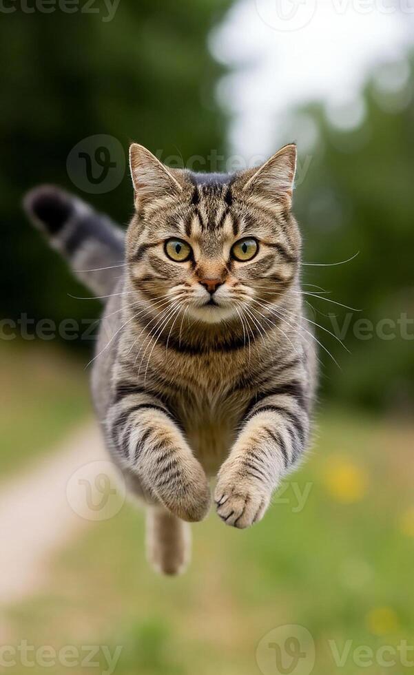 A tabby cat with a striped coat is in mid-air leaping forward. Its paws are extended, and eyes focused ahead. photo