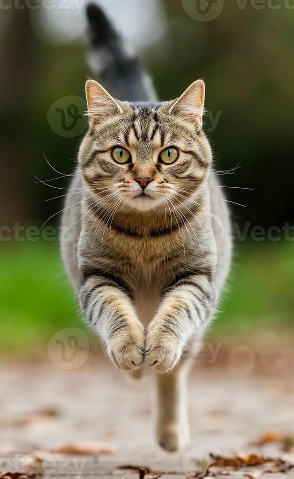 A cat running on the ground with its eyes open photo