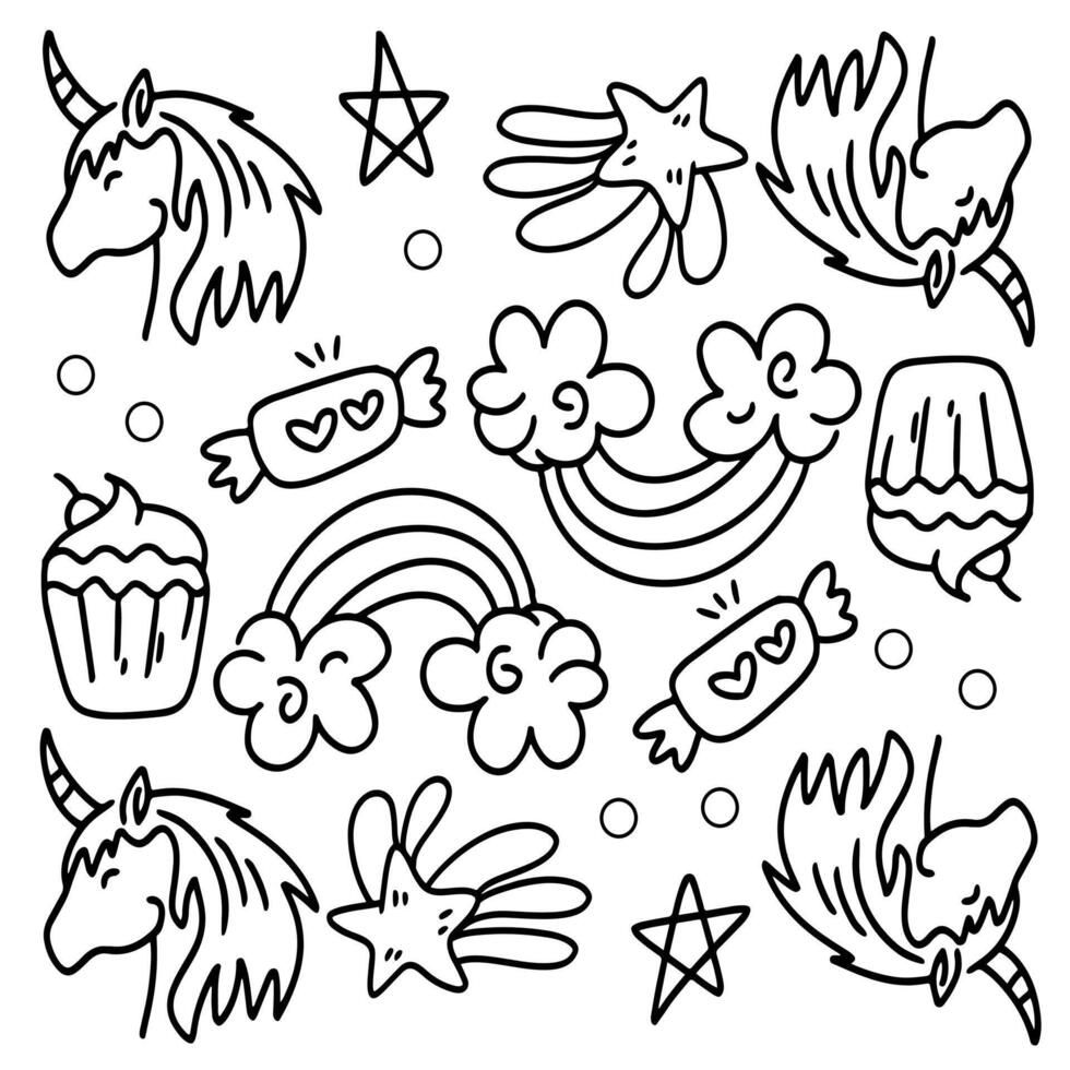 Fantasy Unicorn and Sweets with Star Doodles vector