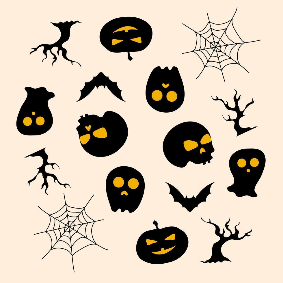 Black Halloween Icons Including Haunted Trees And Grave vector