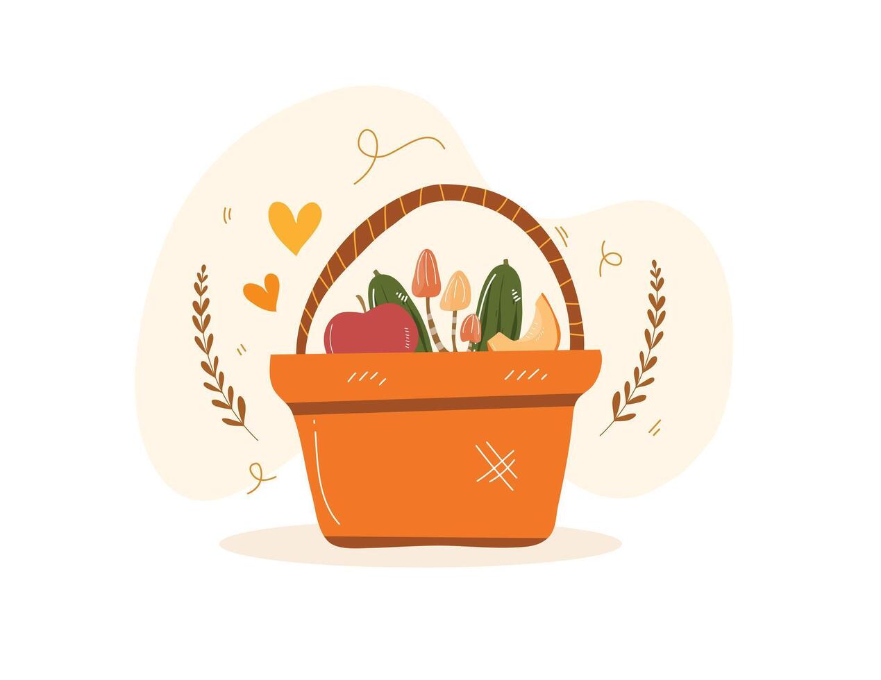 An orange basket with flowers and leaves vector