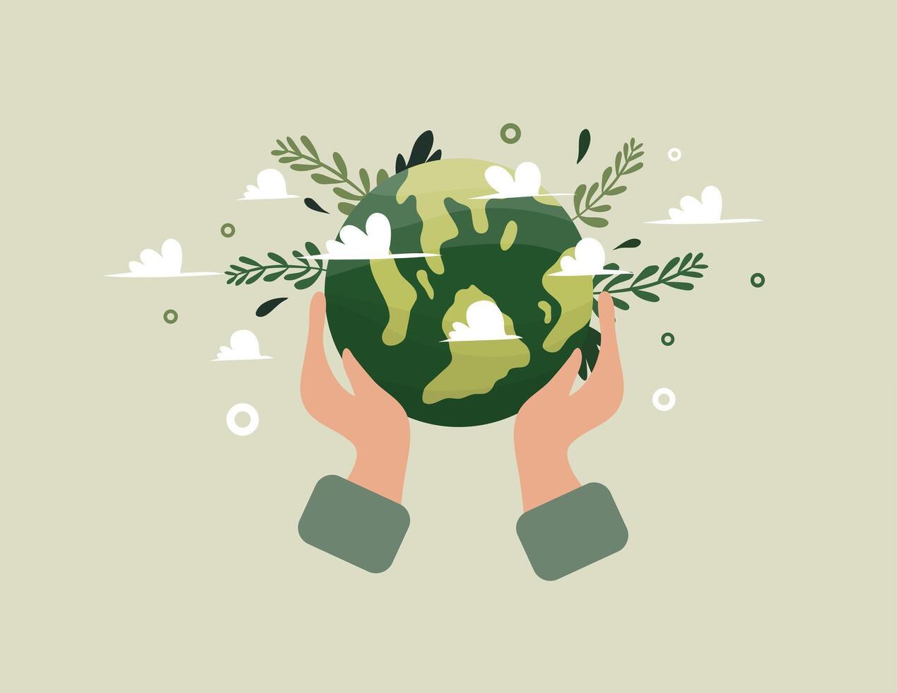 Hands Holding Earth with Plants and Clouds vector