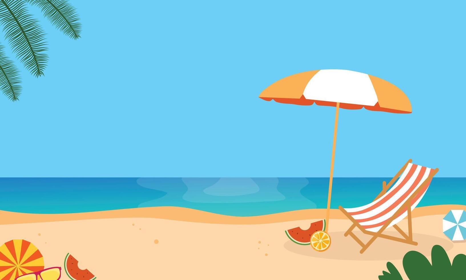 Beach scene with beach chair, umbrella and watermelon vector