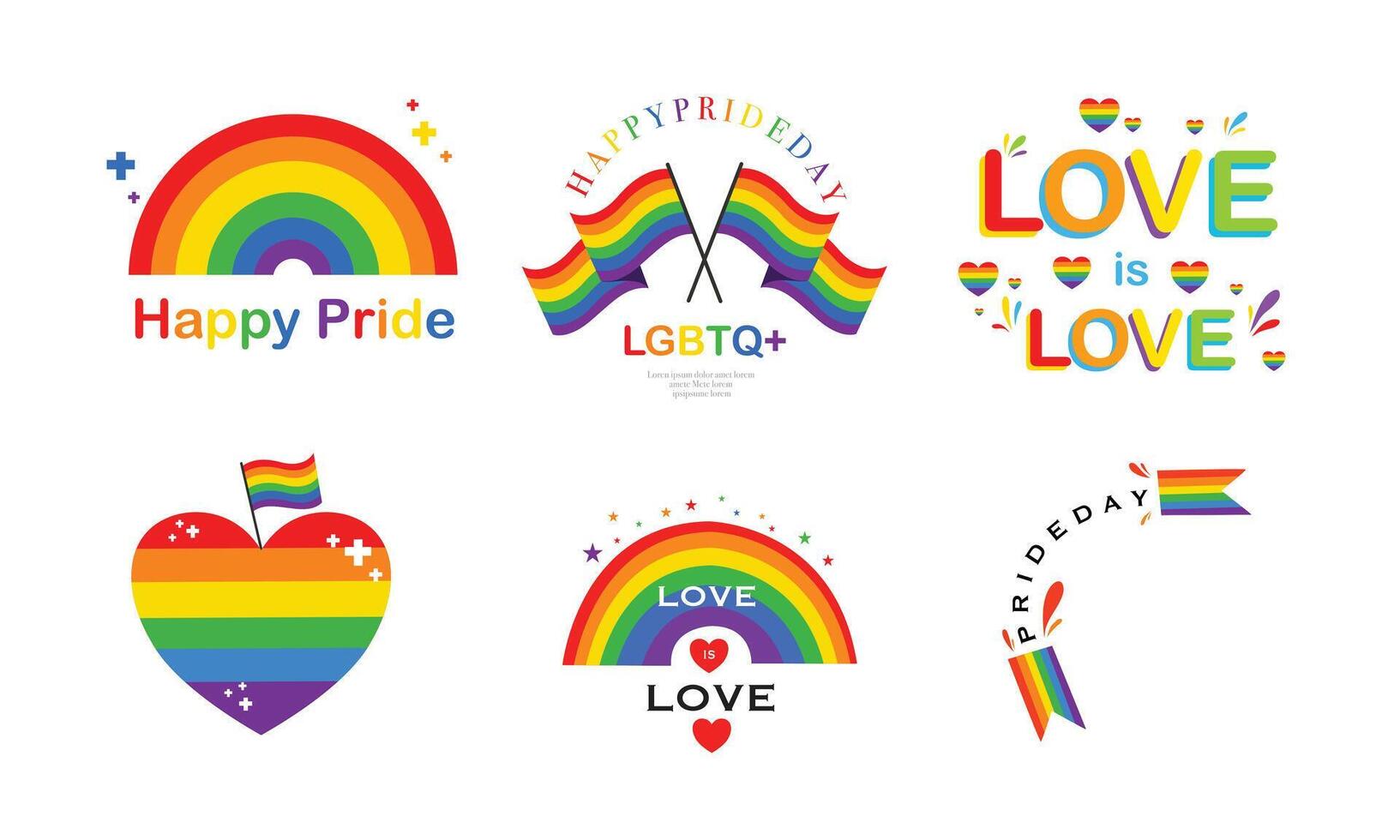 Colorful pride icons set with heart flags and symbols vector