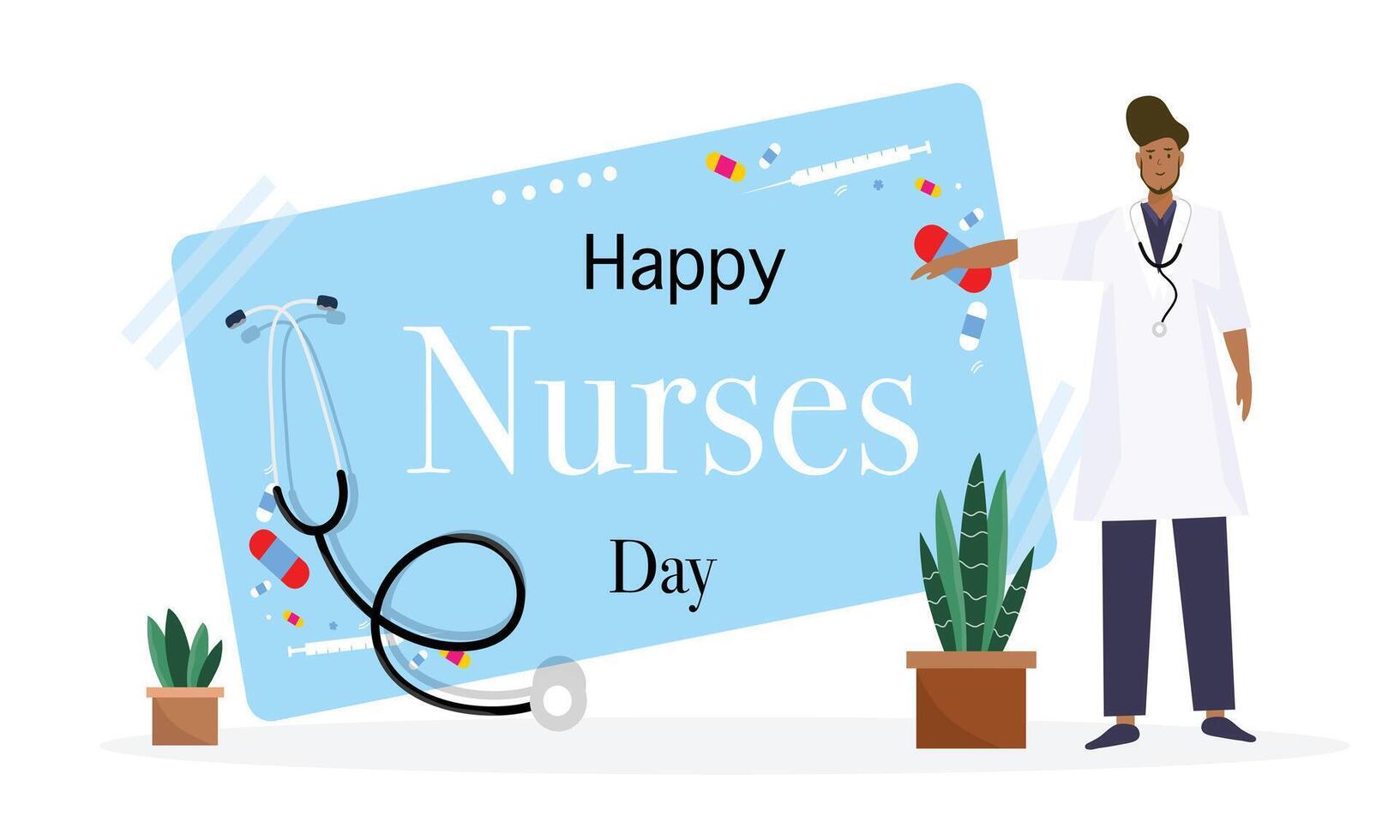 Happy nurses day celebration with plant and stethoscope vector