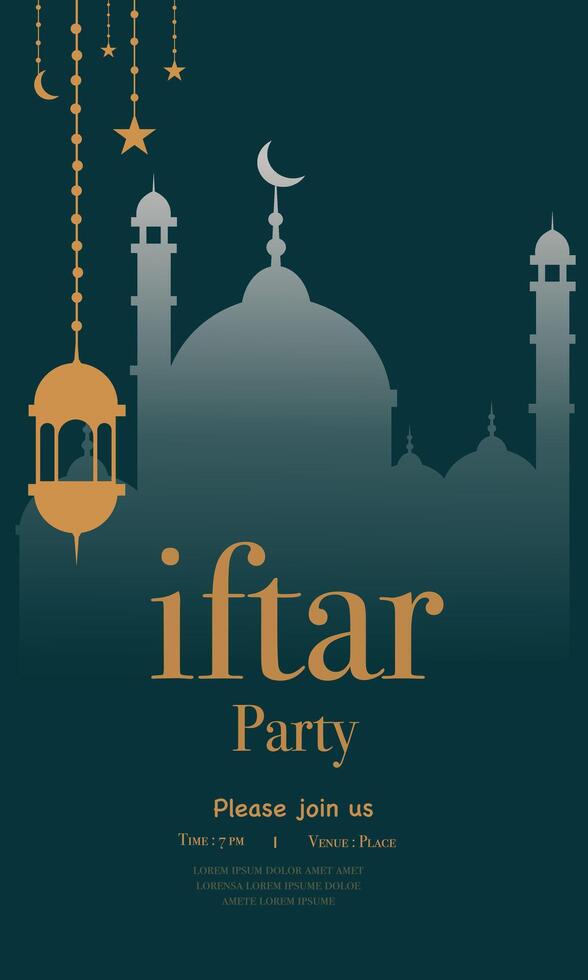 iftar party invitation template with mosque and lantern vector