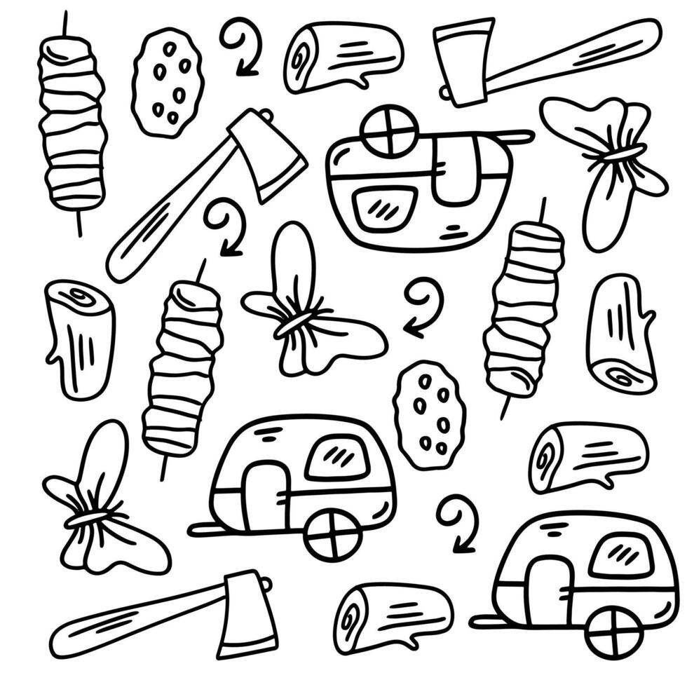 Camping Travel Icons with Tents, Trees, and Campers vector
