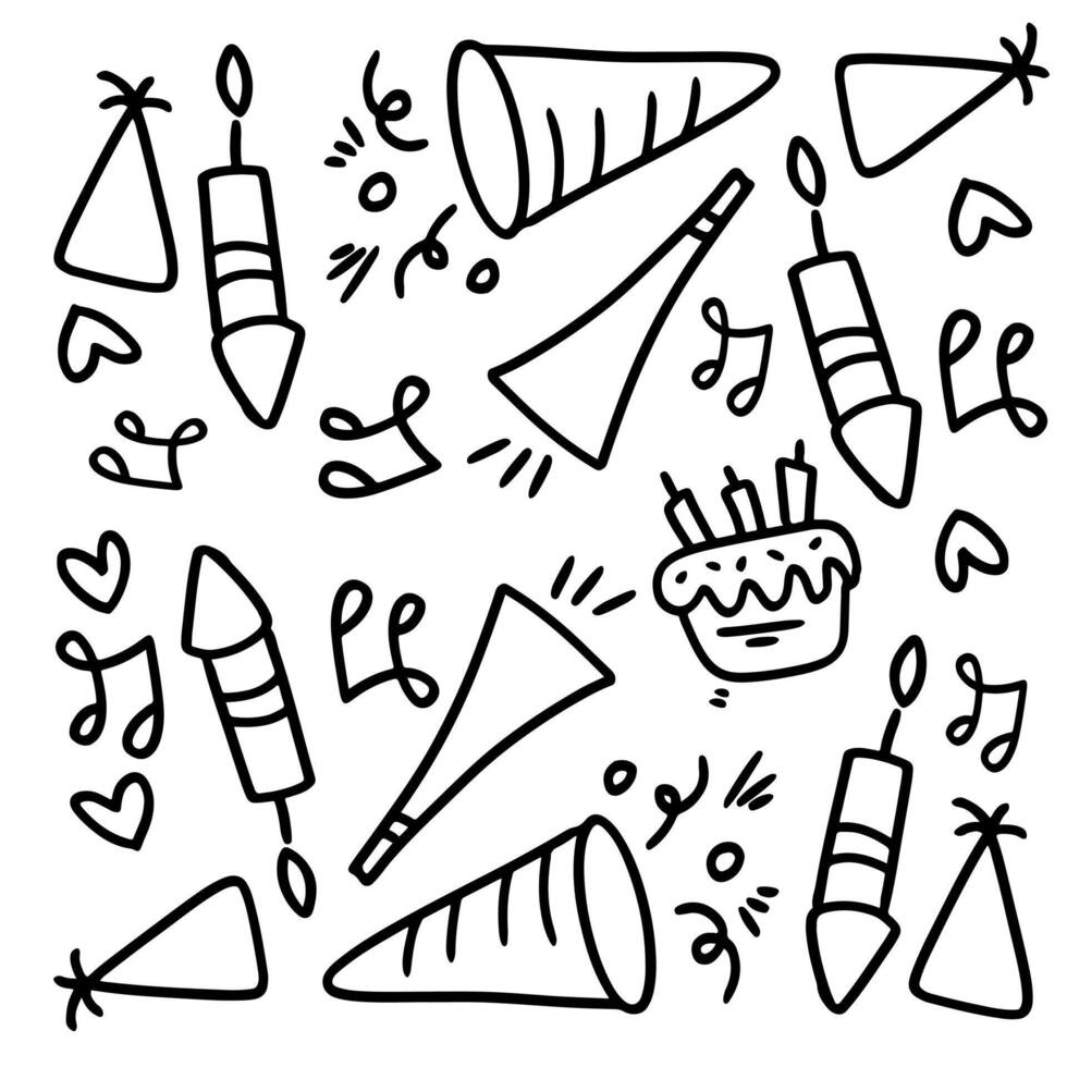 Birthday Celebration Doodles with Cake and Fireworks vector