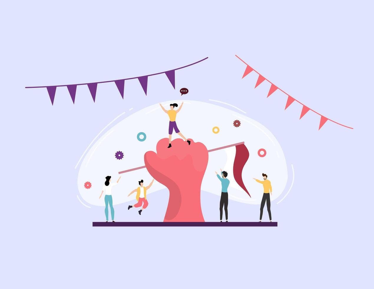 Team raising hand in celebration scene vector
