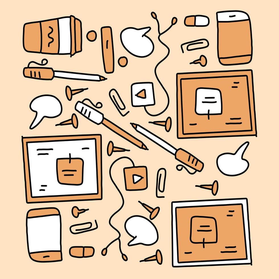 Office Equipment Doodle Pattern On Orange Background vector