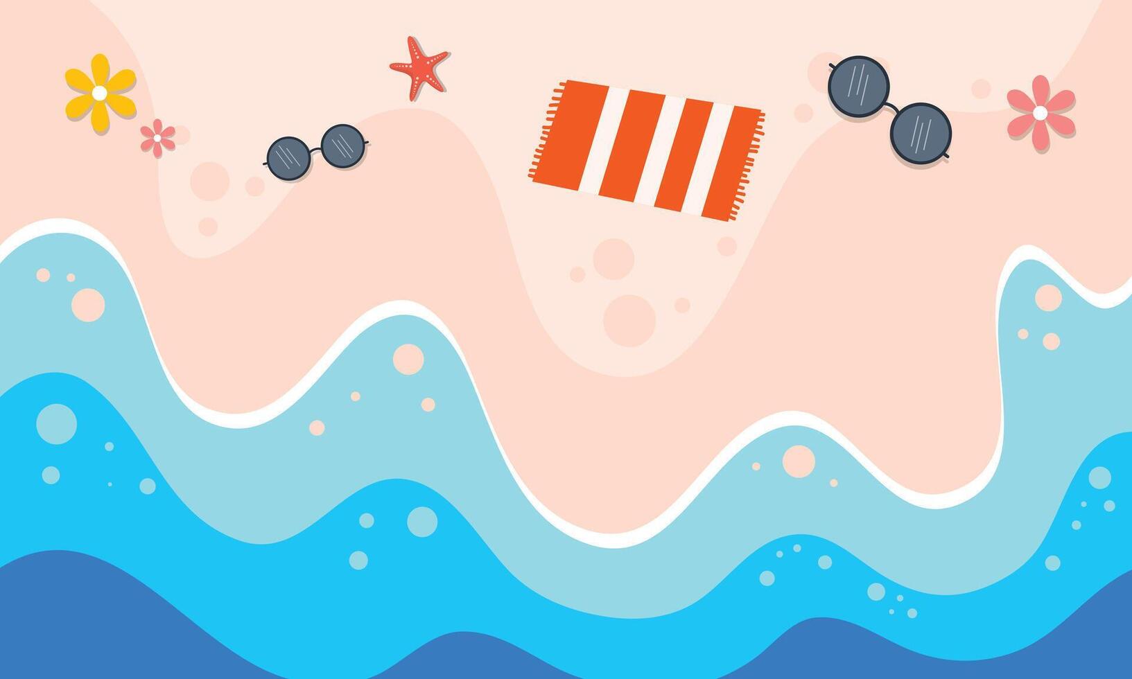 Crabs, Shells, and Towel On Pink Sandy Shoreline vector