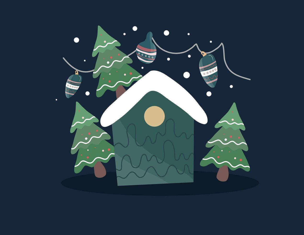 Winter Cabin with Christmas Lights and Trees vector