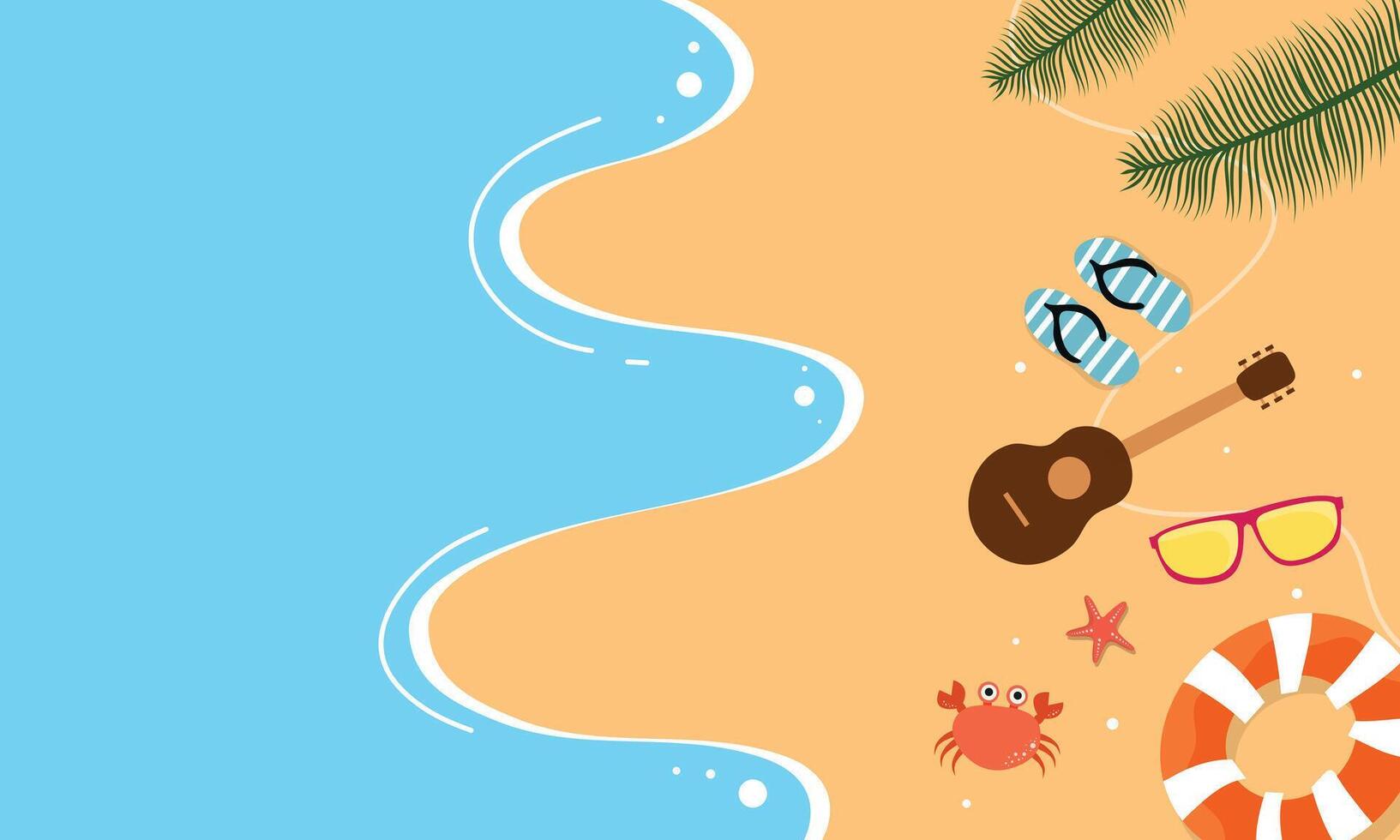 Sandy Shoreline With Guitar, Slippers, and Tropical Items vector