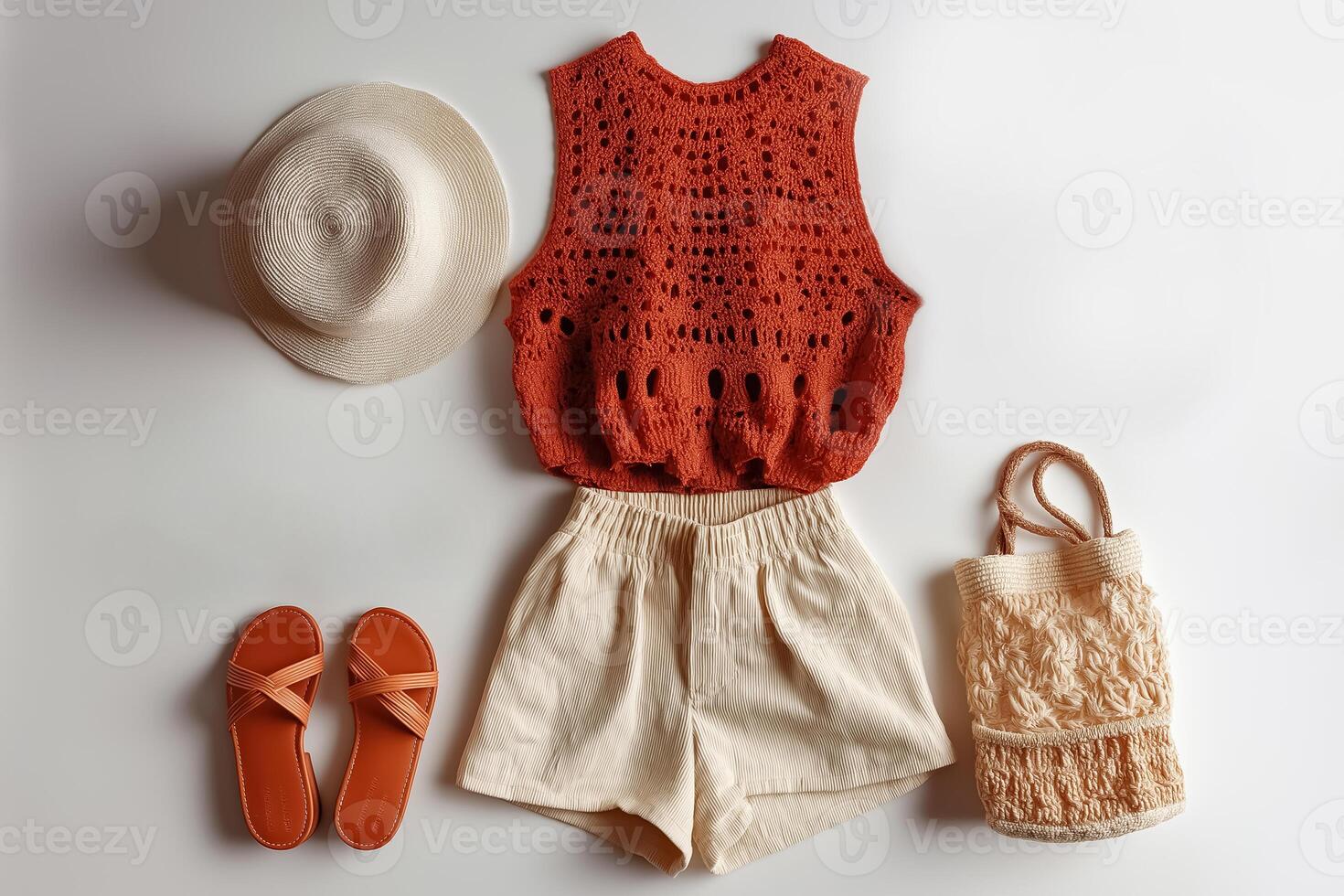 An orange sweater, shorts and hat are laid out on a white surface photo
