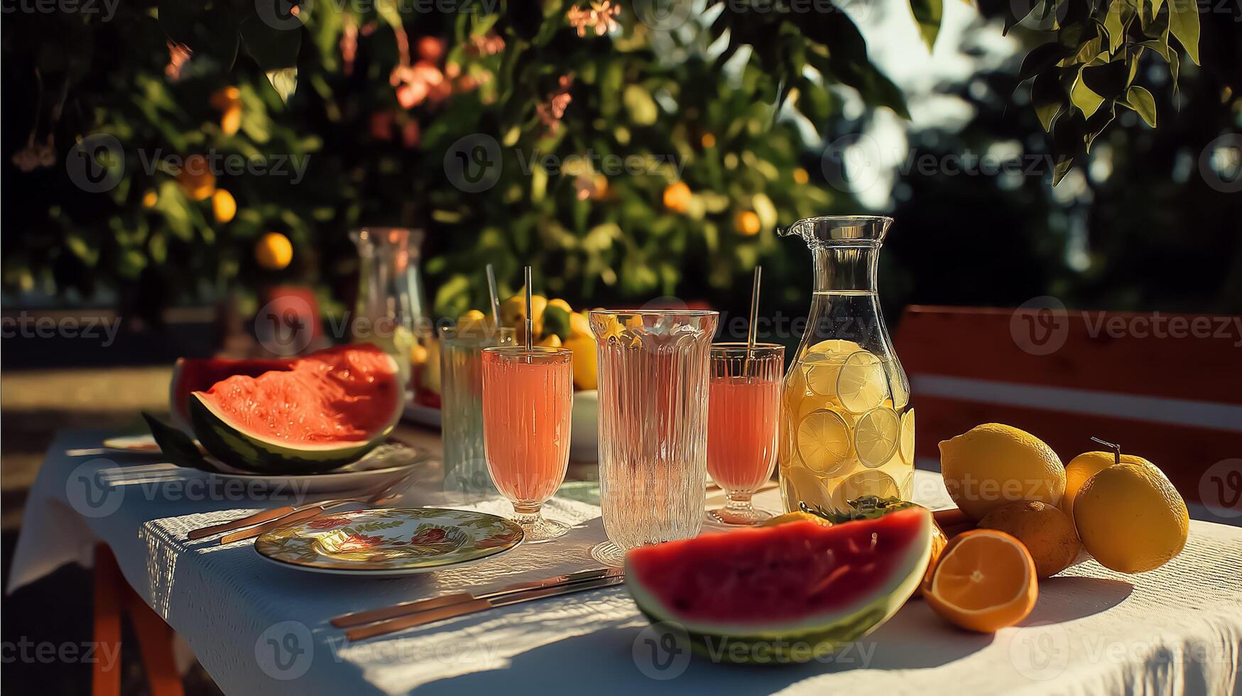 A table with watermelon, lemonade and other fruit photo