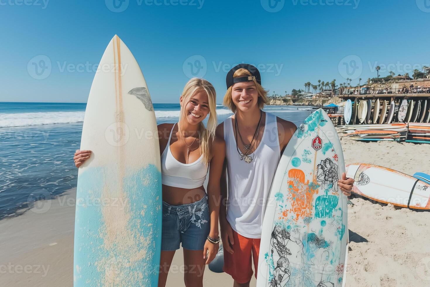 A couple of people standing on the beach holding surfboards photo