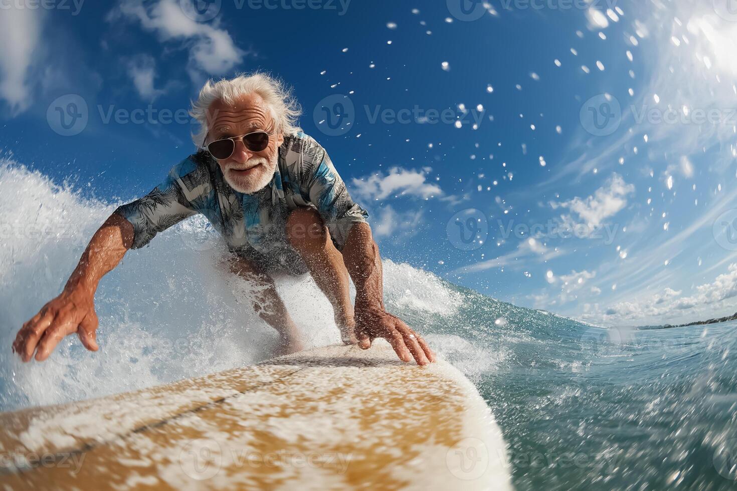 An older man riding a surfboard in the ocean photo