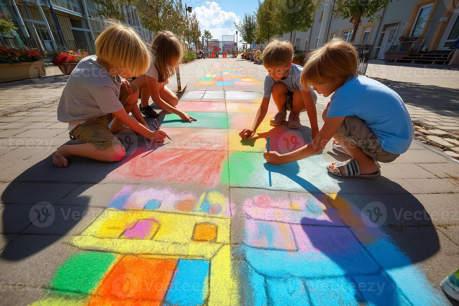 Children drawing on the sidewalk with chalk photo