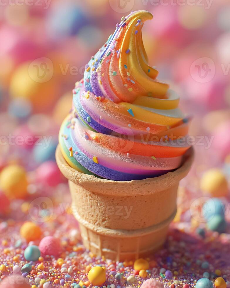 A colorful ice cream cone with sprinkles on top photo